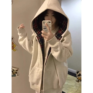 拼接格子连帽开衫卫衣男春秋假两件美式潮牌重磅硬挺拉链开春外套图片