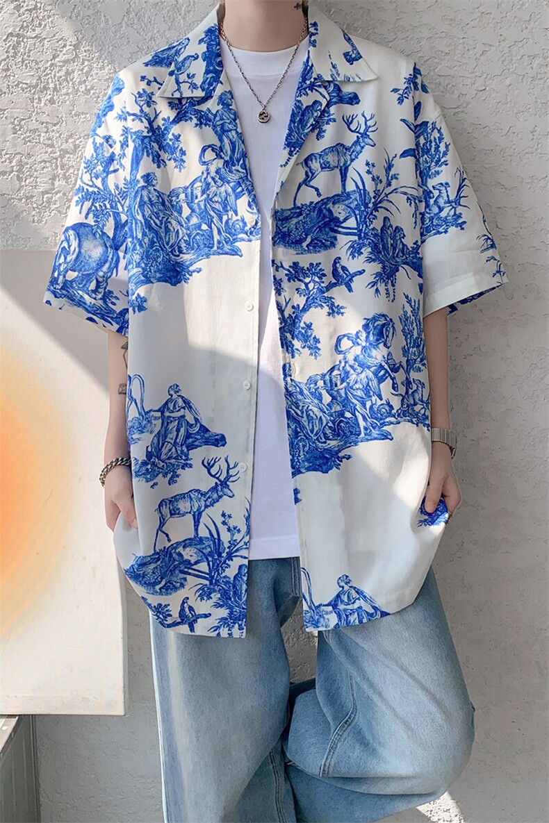 8XL-M天丝亚麻清爽晕染古巴领短袖衬衫男半截袖冰丝衬衣CS525P58,男装衬衫,电商D206-1
