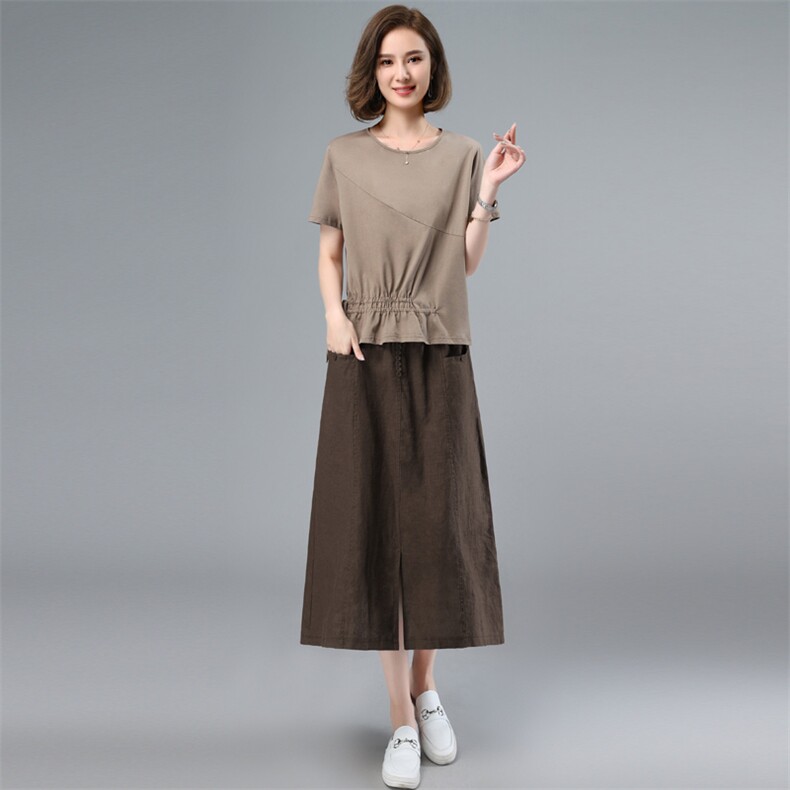 2025年夏季新款棉麻短袖套头两件套装,女装套装/套裙,简韵佳