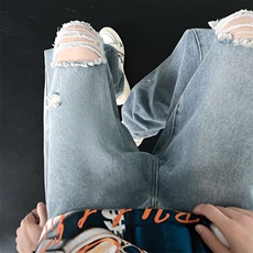 欧美高街hiphop裤子男痞帅高级感水洗蓝色破洞牛仔裤B6012P40，男装牛仔裤，星座1116-2