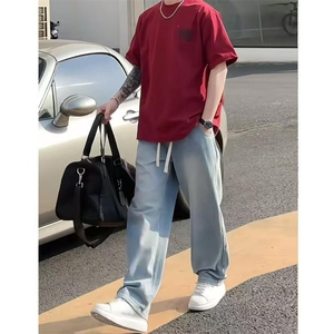 网图美式高街牛仔裤男女春夏2026年新款松紧腰宽松休闲直筒裤子图片