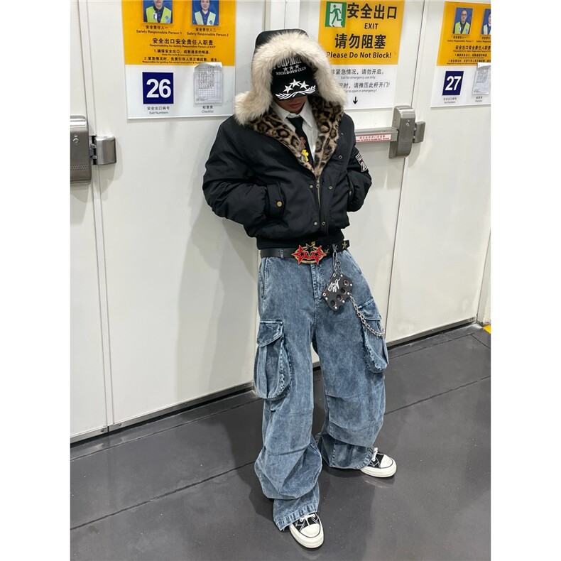 网图豹纹袖章连帽座山雕毛领棉衣派克棉服外套 A025-QY15036-P108图片