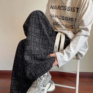 美式复古满印运动裤子男秋季潮牌灯芯绒宽松大码直筒阔腿休闲长裤