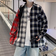 春秋季双色拼接格子衬衫男港风ins潮流宽松休闲衬衣W3840-P33，男装衬衫，星座512-2