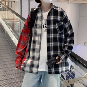 春秋季双色拼接格子衬衫男港风ins潮流宽松休闲衬衣 W3840-P33图片