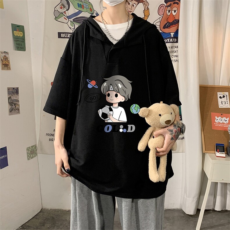 LD54207-P45连帽短袖t恤男大码胖子带帽五分袖中袖,男装T恤,电商A040