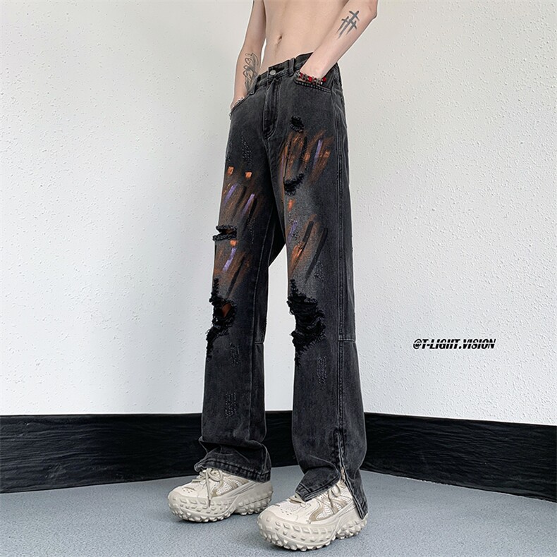 B221 美式ins高街暗黑小众喷墨拉链破洞牛仔裤 LK23085-P65 控88图片