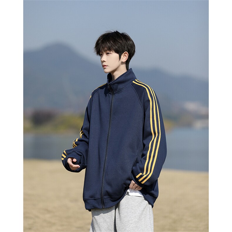 8XL-M三条杠运动卫衣特大码美式条纹立领夹克开衫外套JK5205/P65,男装夹克,电商B238