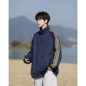 8XL-M三条杠运动卫衣特大码美式条纹立领夹克开衫外套JK5205/P65