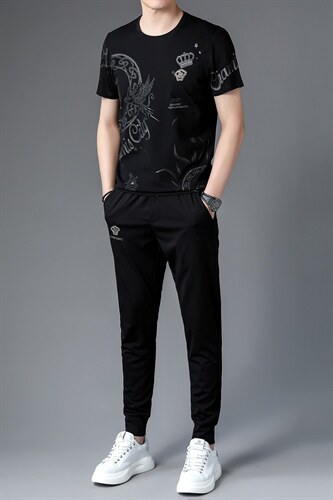 BJ9226夏季男式短袖长裤透气两件套运动休闲圆领修身t恤套装P143，男装休闲套装，电商B360