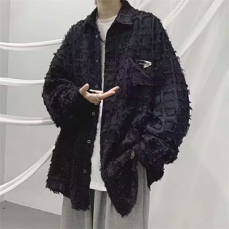 格子衬衫男春秋季美式痞帅ins潮牌休闲长袖衬衣设计感宽松潮流套,男装衬衫,星座516A