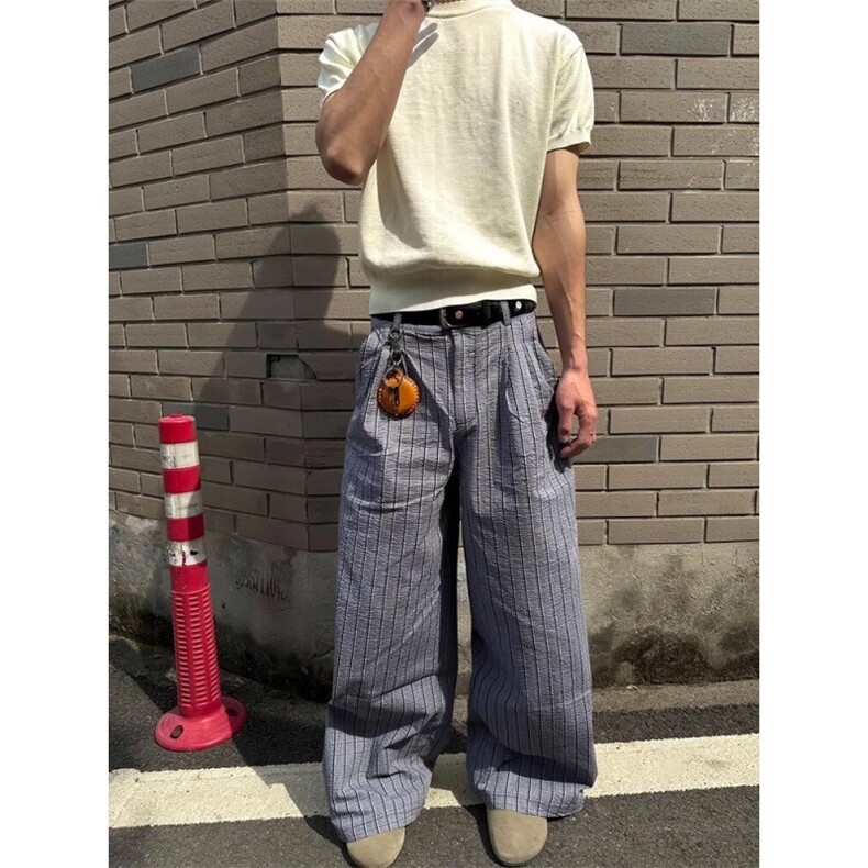 现货美式复古褶格纹长裤男直筒阔腿裤休闲cleanfit西裤L90322-p55,男装西裤,星座1008