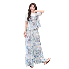 盐系轻熟风休闲套装女夏季2025新款复古设计感T恤印花裤裙两件套，女装套装/套裙，浙宝305