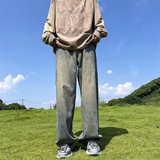 复古水洗做旧拉链牛仔裤男高街潮牌痞帅直筒宽松休闲阔腿长裤，男装牛仔裤，星座716-4