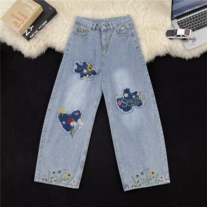 Q67-P70多巴胺刺绣牛仔长裤女潮2025年春夏季新款高腰宽松百搭，男装休闲裤，电商B323A