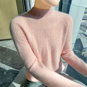 秋冬新款女士半高领纯色针织衫套头上衣女时尚