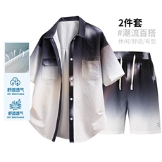 得物渐变短袖衬衫套装夏季宽松翻领衬衣短裤两件套A436-T19-P65，男装牛仔裤，电商A436
