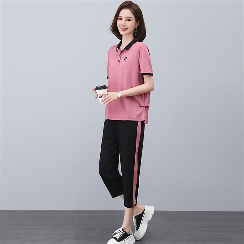啄木鸟纯棉运动服套装女夏季宽松短袖七分裤中年妈妈装休闲两件套图片