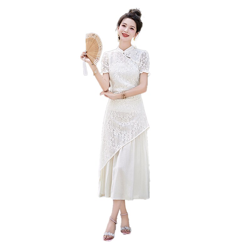 新中式改良旗袍连衣裙女2024新款夏季复古盘扣修身假两件蕾丝长裙,女装连衣裙,曼琳思菲