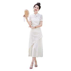 新中式改良旗袍连衣裙女2024新款夏季复古盘扣修身假两件蕾丝长裙图片