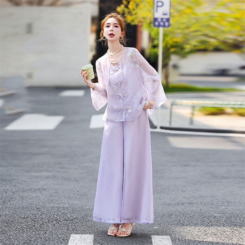 新中式刺绣紫色套装女2025夏季新款高级感优雅仙气阔腿裙裤三件套,女装套装/套裙,歌伊格美
