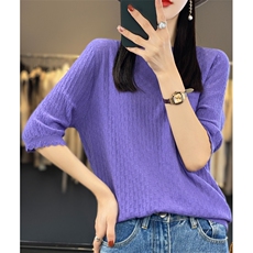 春夏新款精纺羊毛短袖女圆领纯色提花半袖T恤宽松套头针织打底衫，女装针织衫/毛衣，昭美羊绒