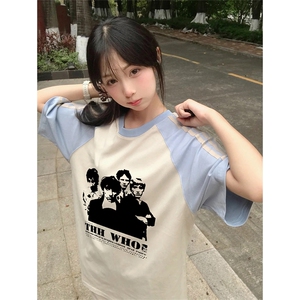 抖音得物品质二开240克宽松纯棉美式潮牌插肩三杠织带短袖T恤图片