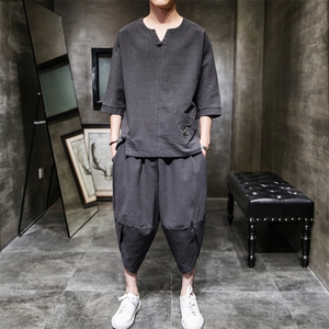 W57P75室内风春夏新款亚麻风大口袋七分套装盘扣刺绣