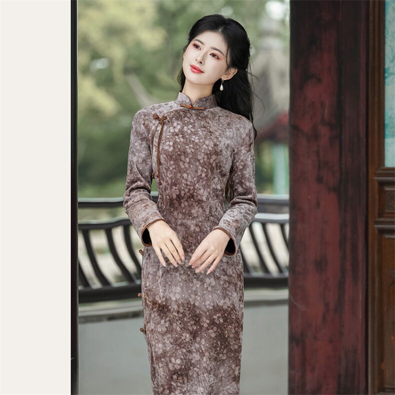 新中式风立领流苏盘扣纤格绒加绒旗袍2653P155,女装汉服/婚纱/旗袍/礼服,乐衣轩