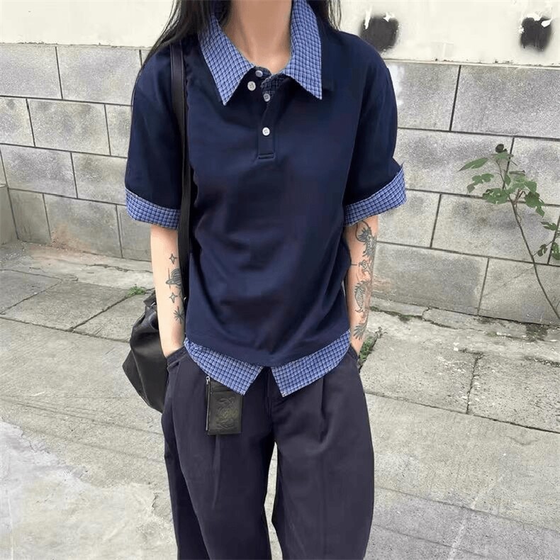 得物抖音高品质二开夏季美式潮牌高街假两件格子衬衣翻领短袖T恤,男装T恤,电商A486
