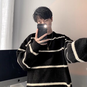 韩系慵懒风条纹毛衣男士秋冬季美式潮牌高级感软糯毛绒针织衫外套图片