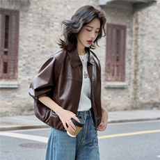 皮衣女2025秋季新款时尚翻领宽松皮外套，女装皮衣，英标秀（1C119）
