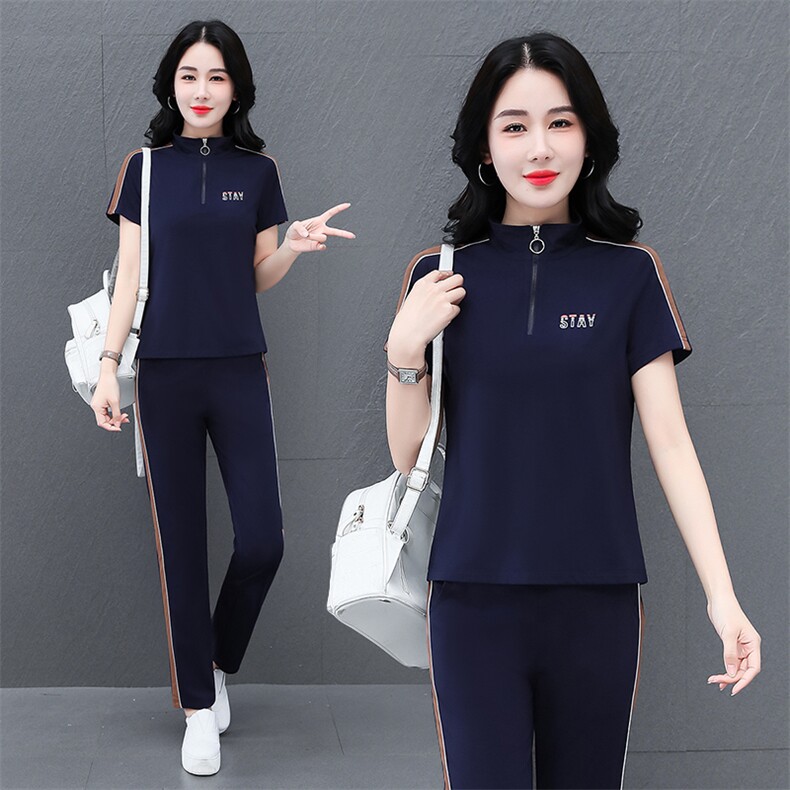 半拉链运动套装女夏季2024新款中老年妈妈跑步休闲大码短袖两件套,女装运动套装,燕颉服饰