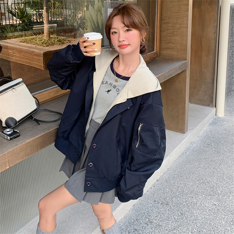 超火藏青色短款连帽棒球服外套女春2025新款设计感假两件夹克,女装短外套,浙宝305