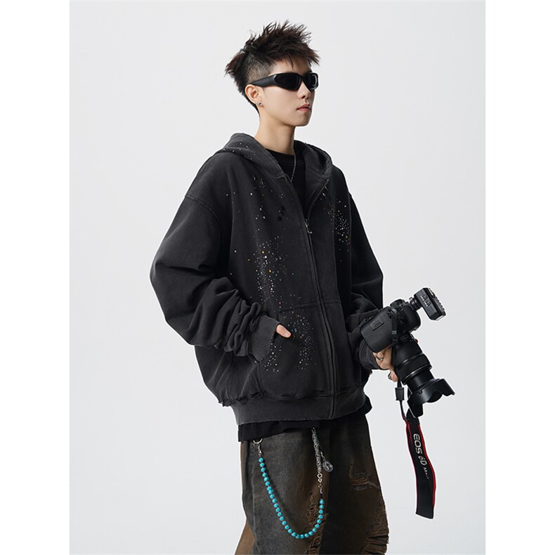 秋季美式烫钻开衫拉链卫衣男潮牌高级感痞帅短宽外套男WY37P98，女装短外套，电商D206-1