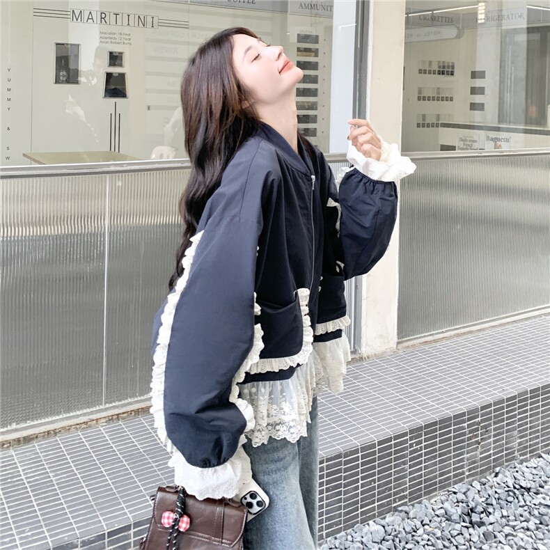 拼接蕾丝荷叶边短款风衣女设计感休闲风减龄拉链款外套上衣,女装短外套,2C050