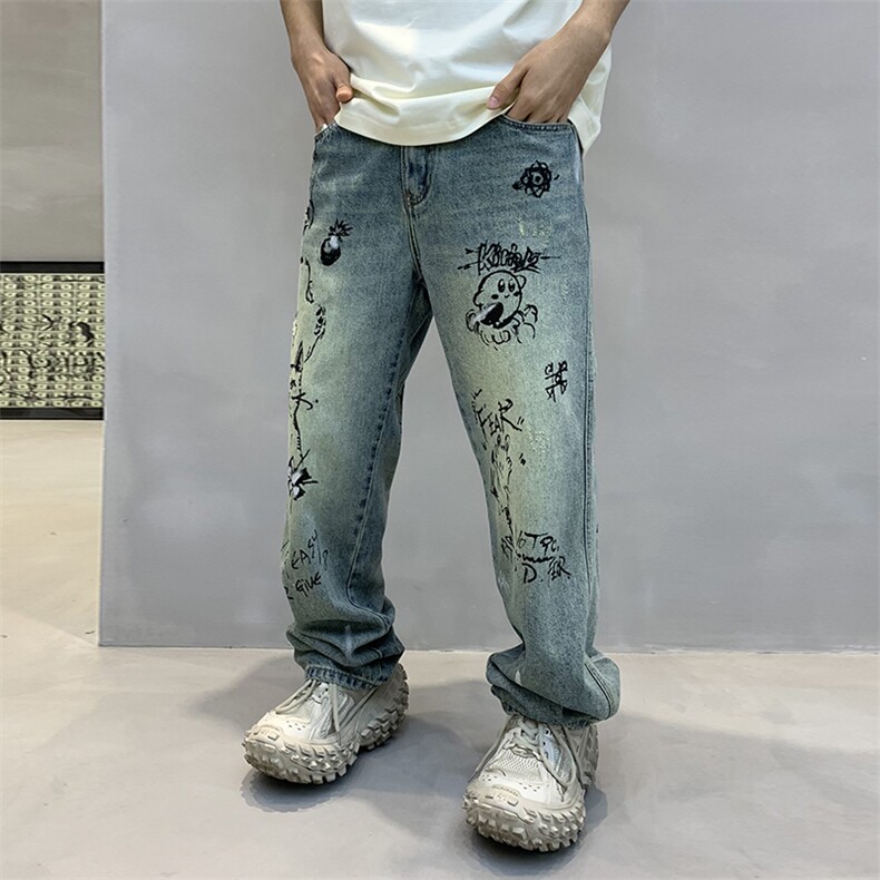 B230档2025秋冬新款潮牌潮流涂鸦印花宽松直筒牛仔裤9998P100，男装牛仔裤，电商B230