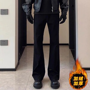 黑色美式微喇卫裤男款秋冬高个子cleanfit裤子加绒修身运动直筒裤图片