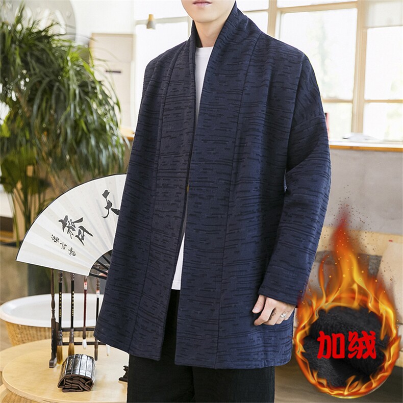 中国风冬款无扣风衣纯色中国风开衫长袖亚麻外套加绒汉服D582P95图片