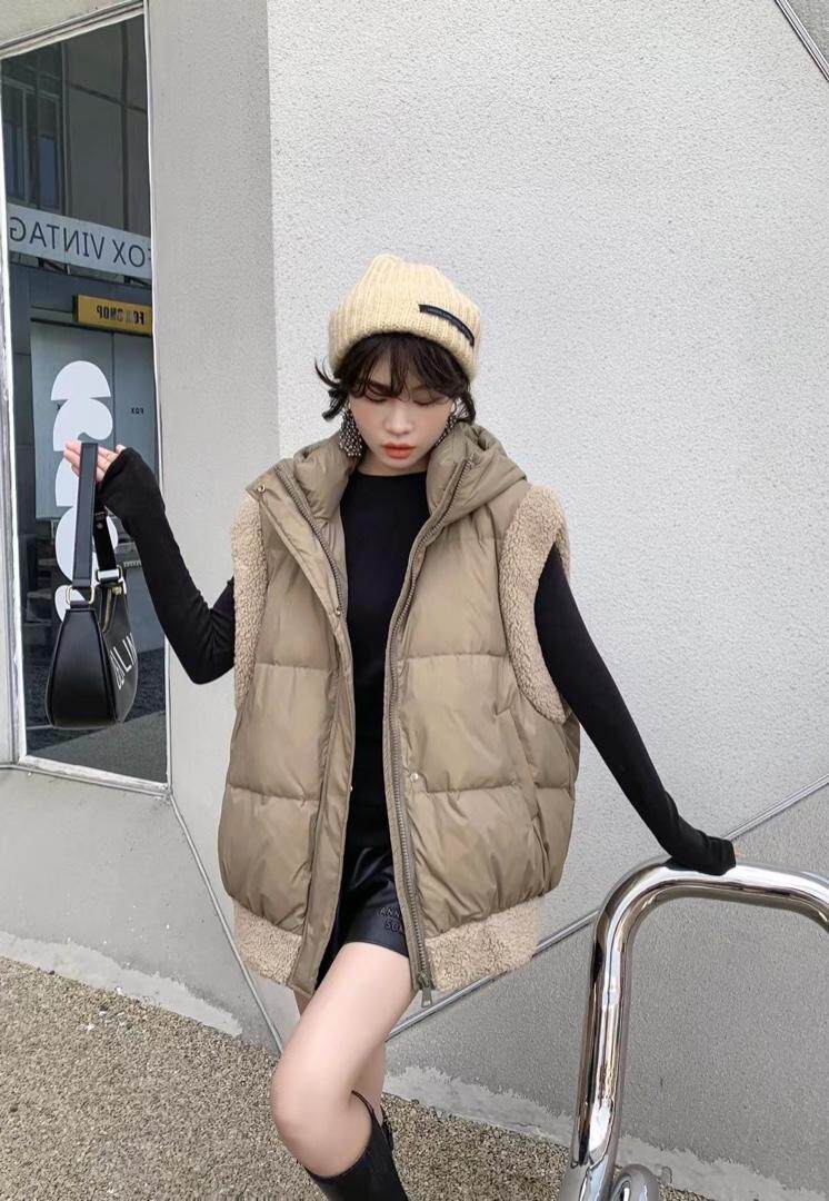 爱美欧，现货，羊羔毛拼接羽绒马甲，女装马甲，爱美欧