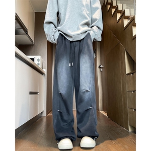 2024新款美式直筒灰色卫裤宽松设计感休闲裤垂感男现货 K8154-P35图片