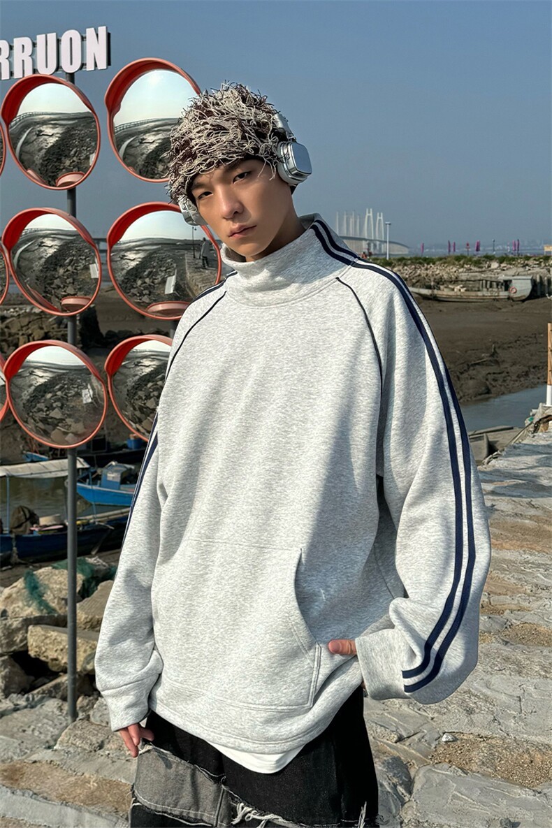 W8901加绒-P68秋冬大码纯棉男女同款两条杠加绒加厚立领卫衣,男装卫衣,星座109