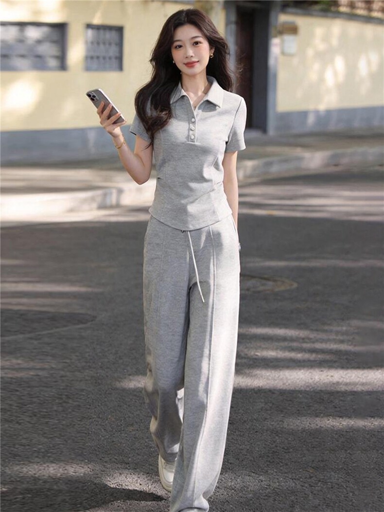 女夏季新款时尚休闲套装修身显瘦翻领纽扣短袖上衣阔腿长裤两件套,女装套装/套裙,江南