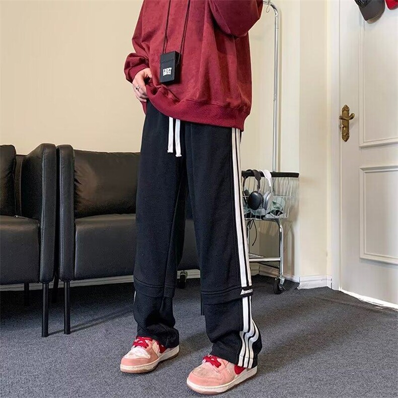美式高街三条杠休闲宽松卫裤男秋冬季新款潮牌直筒运动阔腿长裤子图片