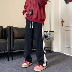 美式高街三条杠休闲宽松卫裤男秋冬季新款潮牌直筒运动阔腿长裤子图片