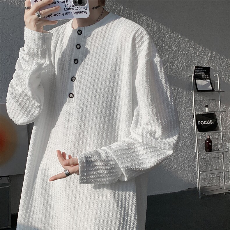 肌理感条纹长袖T恤大码纯色简约打底衫亨利领内搭上衣LT1002特P32，男装T恤，电商B215