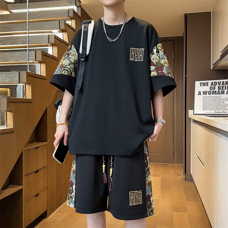 夏季刺绣T恤两件套男拼接休闲运动套装薄款短裤A266-TZ8807-P47,男装T恤,电商A266