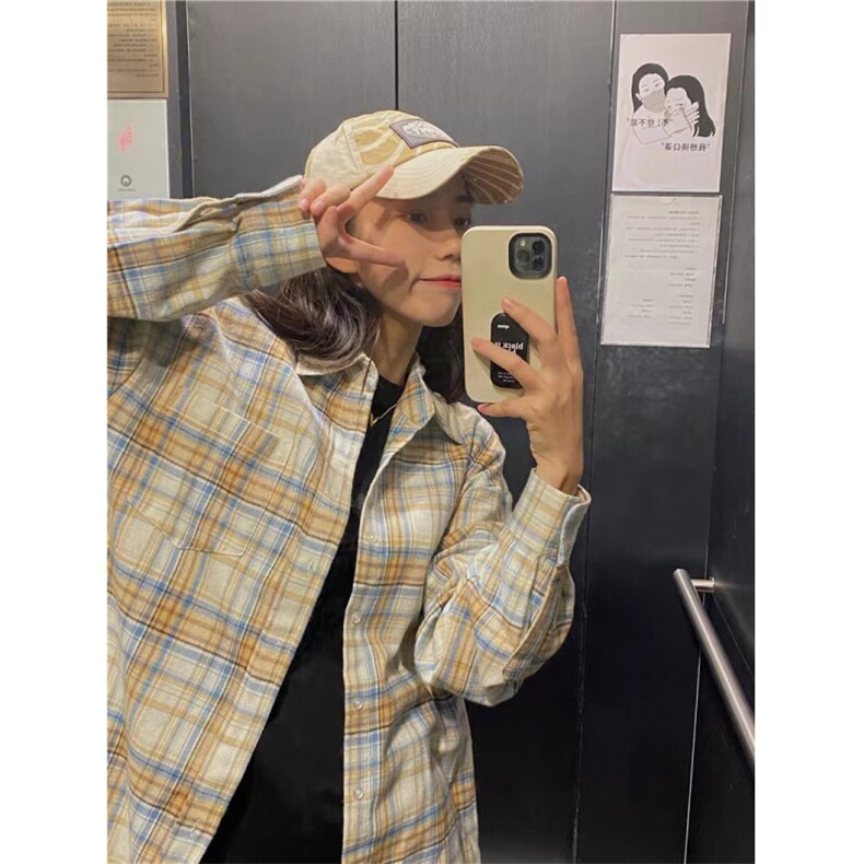 现货 黄蓝格子长袖衬衫男美式格纹衬衣小众设计情侣外套K342-P45图片