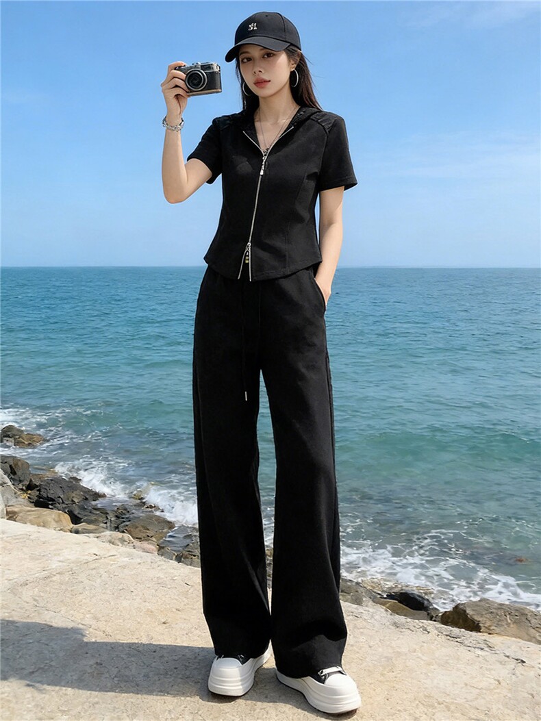 女夏季高级感休闲运动套装蕾丝连帽拉链开衫短袖卫衣阔腿裤两件套,女装套装/套裙,江南