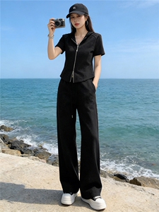女夏季高级感休闲运动套装蕾丝连帽拉链开衫短袖卫衣阔腿裤两件套图片